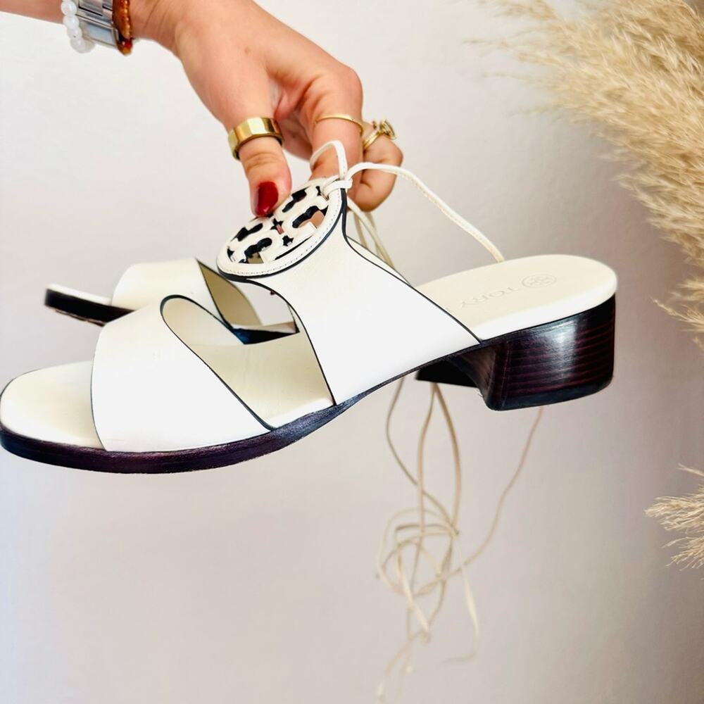 TORY BURCH White Lace Up Miller Leather Block Heel $425 Sandals Shoes Slides 7 - Picture 5 of 16